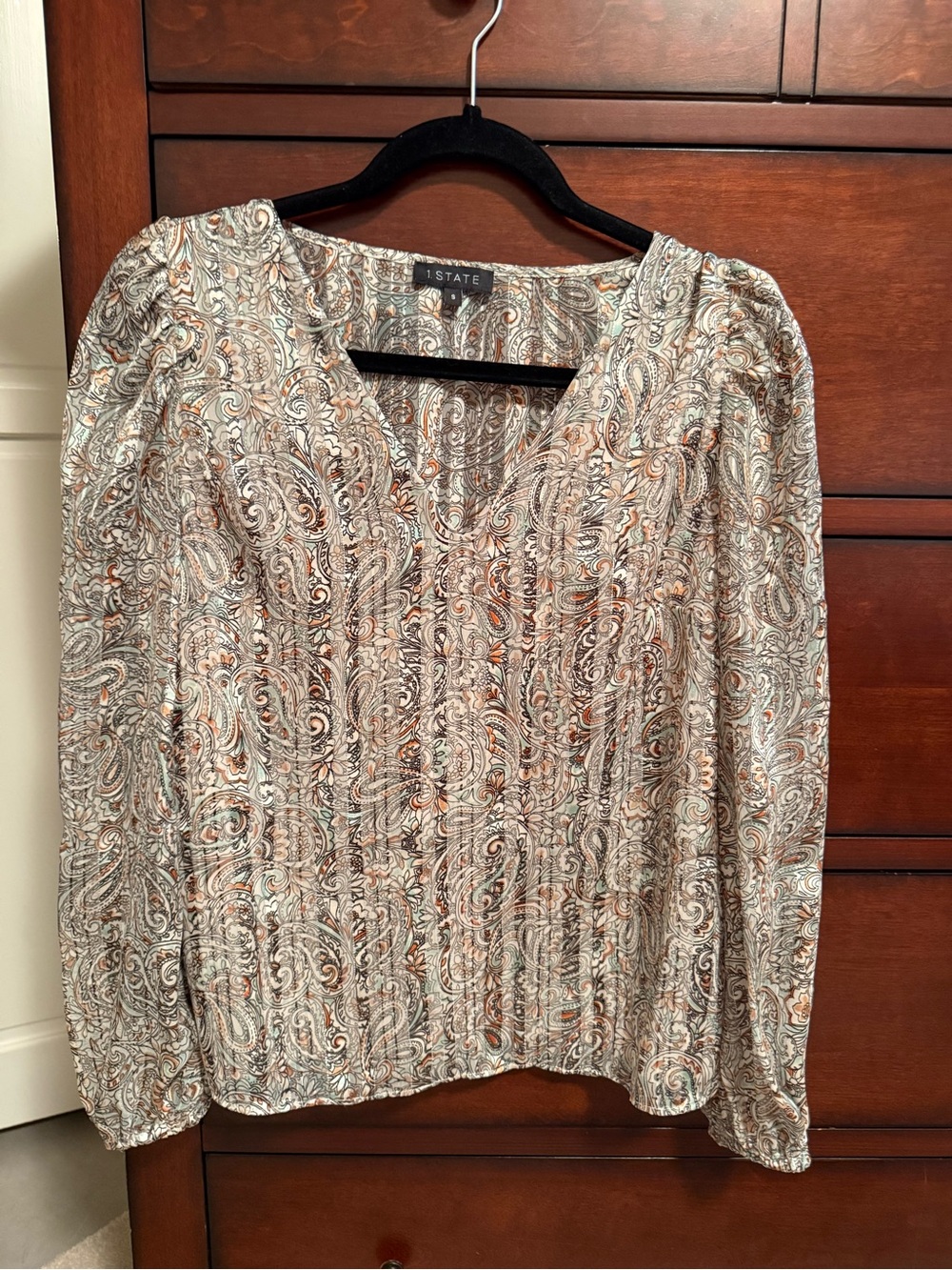 STATE Beige Paisley V-Neck Long Sleeve Blouse with Rust Accents